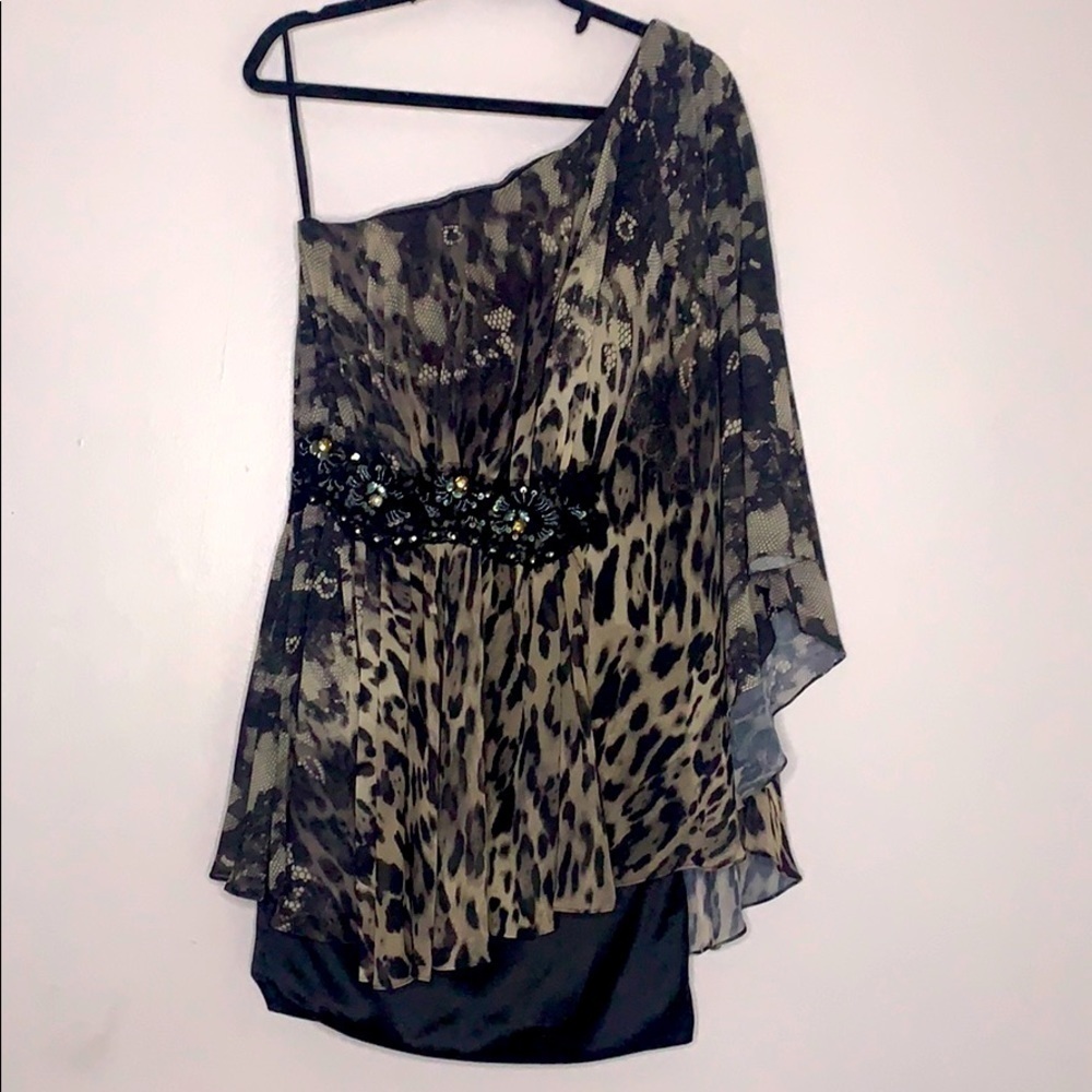 Jovani 1 Shoulder floating Overlay Cheetah lace mini dress womens 6
